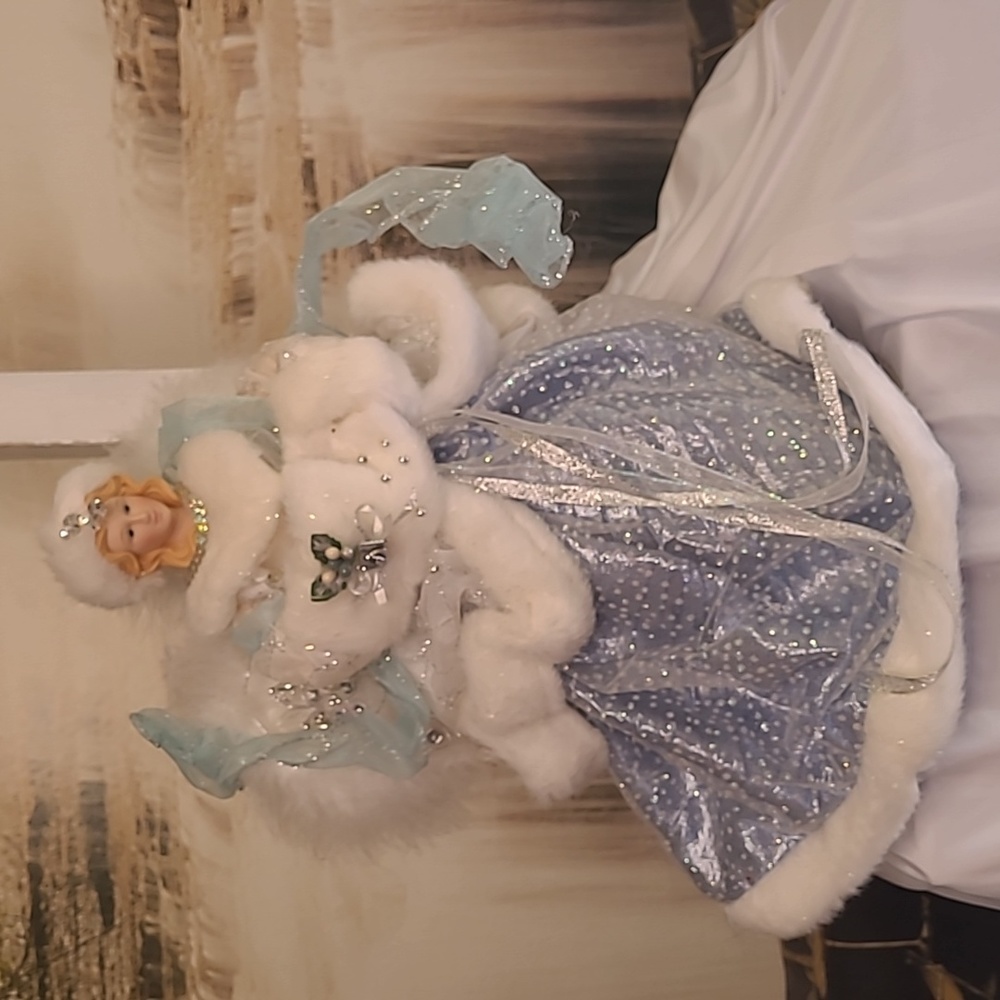 Sparkly Glitter Blue White Tabletop Standing Christmas Angel faux fur decoration